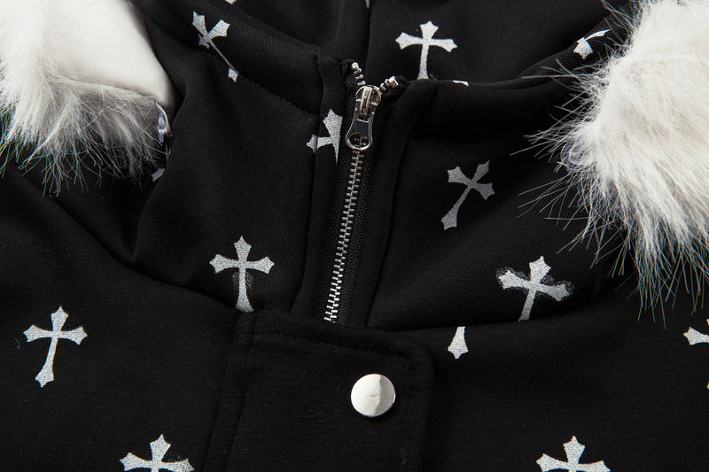 Close-up of black hooded bomber jacket front zipper and white faux fur trim