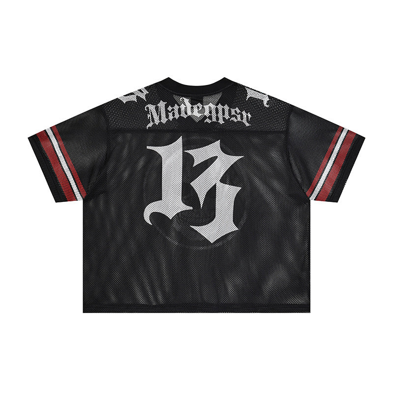 Black mesh football jersey with gothic lettering, large white emblem on back, and red striped sleeves