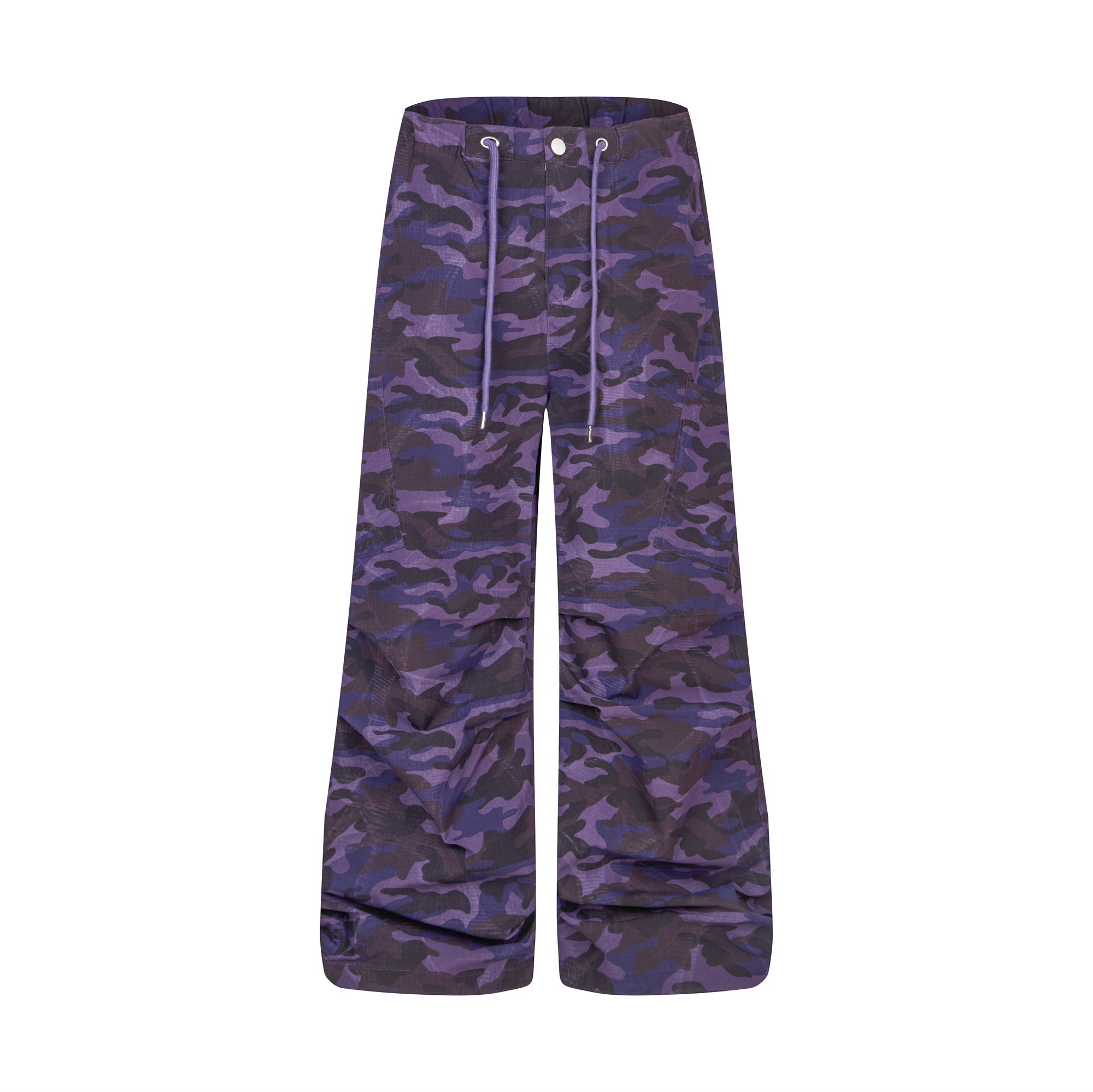 Purple camouflage wide-leg cargo pants with drawstring waist and utility pockets, front view