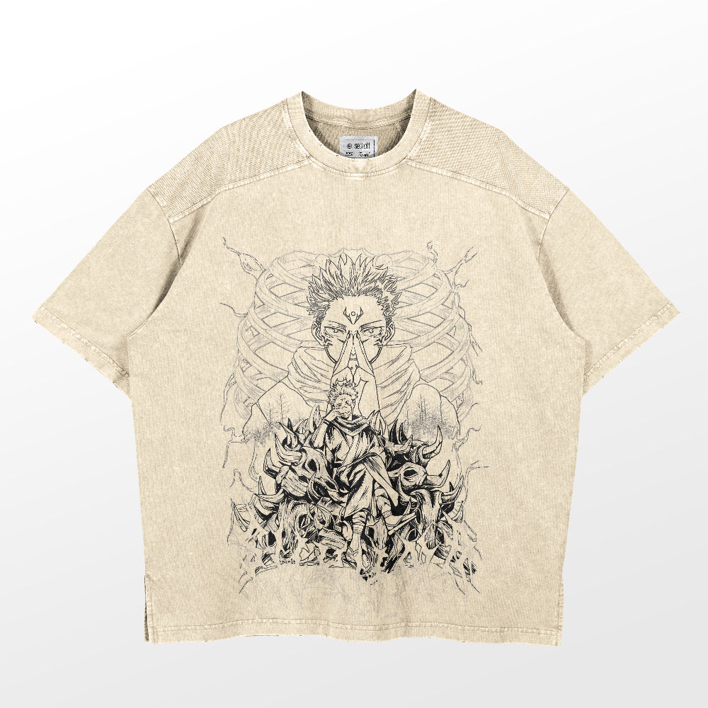 The Jujutsu Kaisen Sukuna Washed Vintage T-Shirt by Jujutsu Kaisen features a beige short-sleeve design in 260 GSM premium cotton, showcasing an intricate black line drawing of a figure with swirling patterns and an anatomical ribcage, reminiscent of Sukuna from the anime.