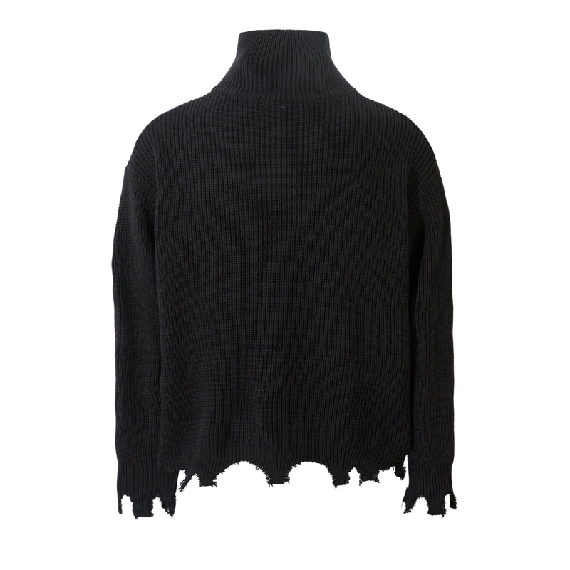 Black ribbed zip-up knit cardigan with distressed raw hem, back view
