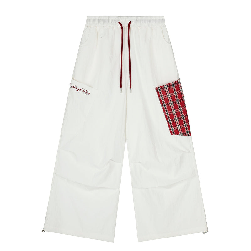 Wide-Leg Plaid-Patch Nylon Cargo Pants | Street Style