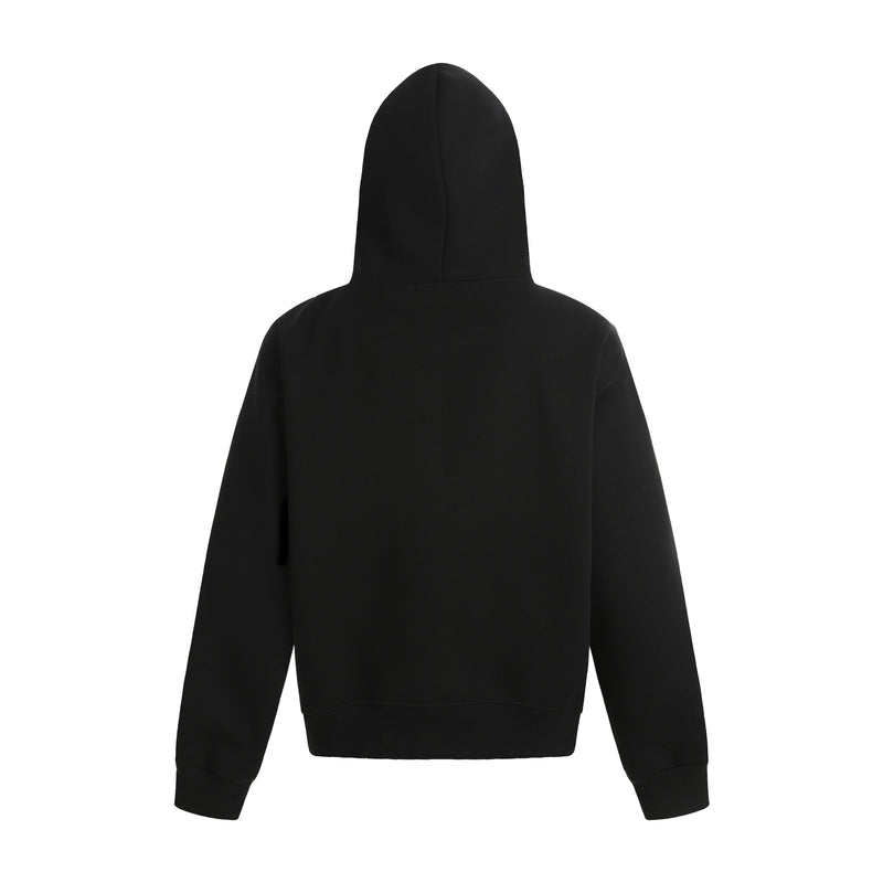 Black fleece hoodie shown from the back with a plain hood and long sleeves