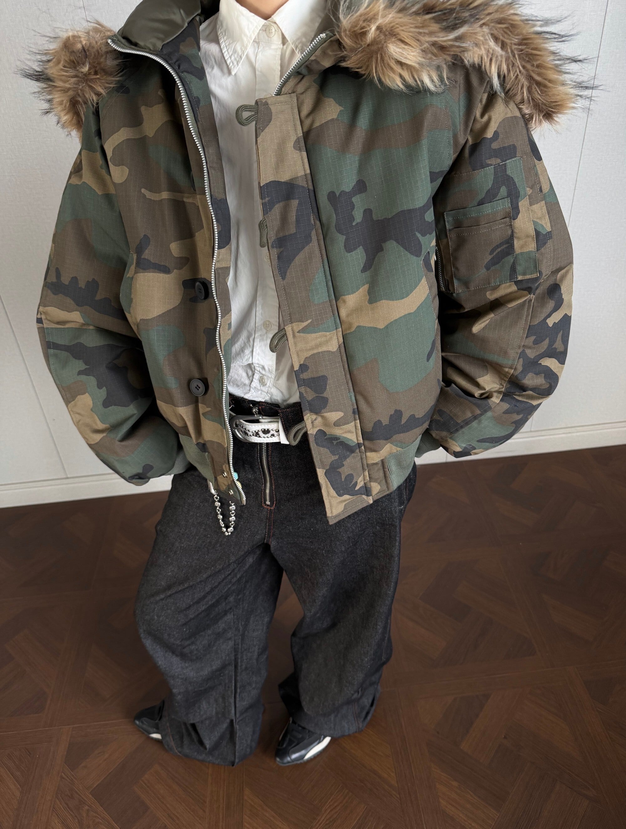 Camo Faux Fur Hood Cropped Bomber Jacket | Omirad