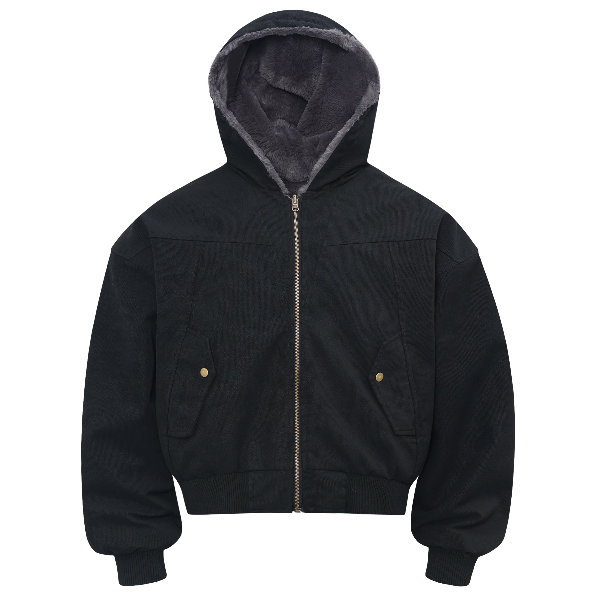 Black reversible hooded bomber jacket with grey plush faux-fur lined hood, brass zip, and snap-button front pockets