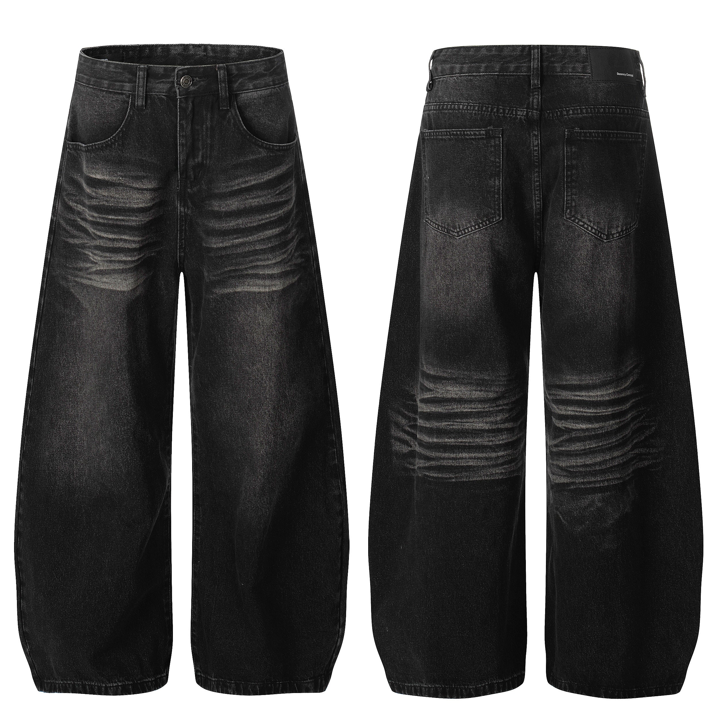 Front and back view of black washed balloon wide-leg jeans with heavy whisker fading and oversized fit