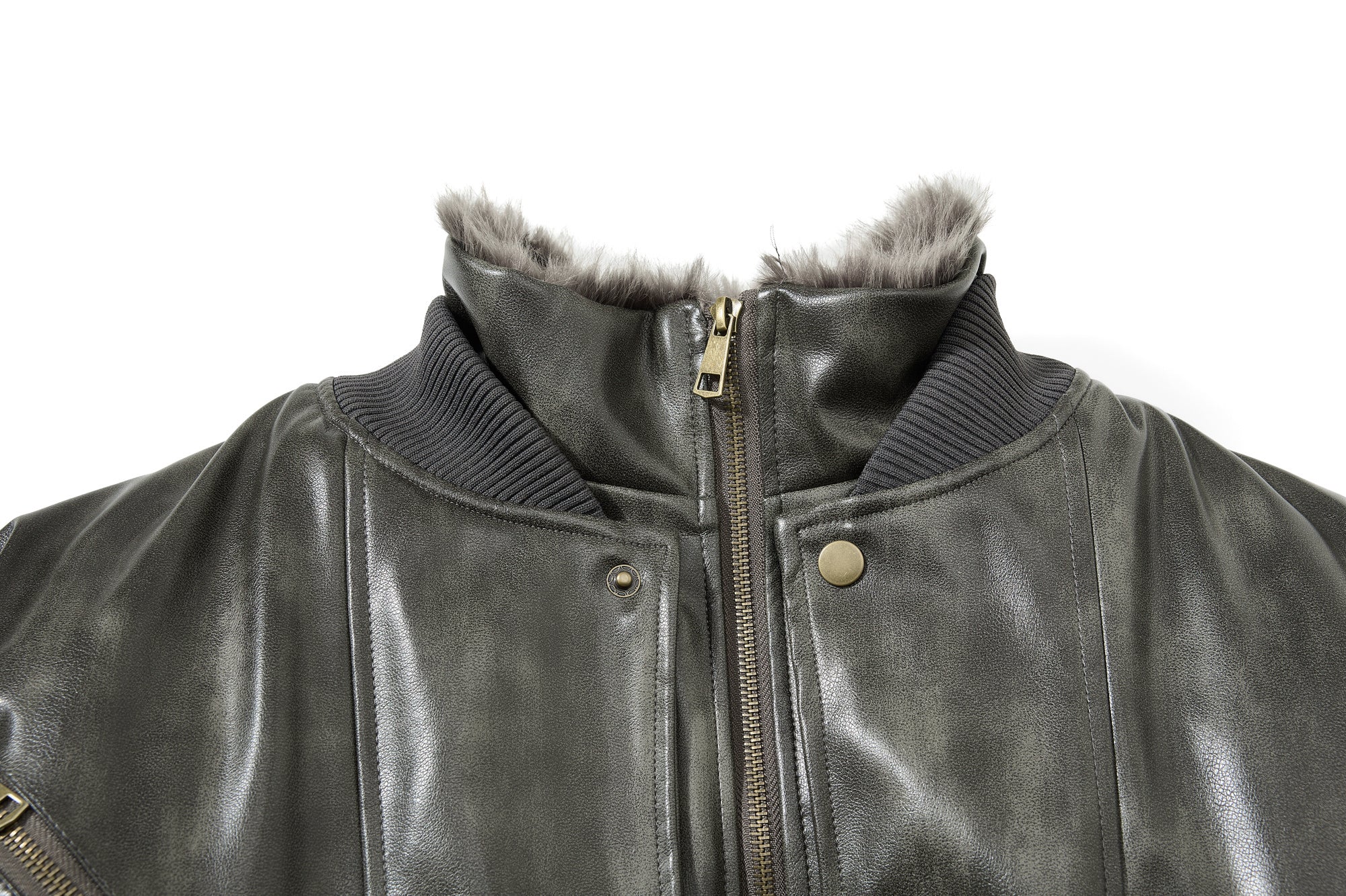 Omirad Faux Leather Bomber Jacket with Faux Fur Collar