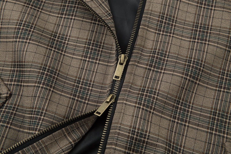 Vintage Plaid Stand-Collar Zip Jacket | Retro Check Pattern