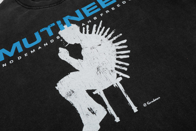 Black vintage washed graphic tee with blue Mutineer text and distressed white punk skull print