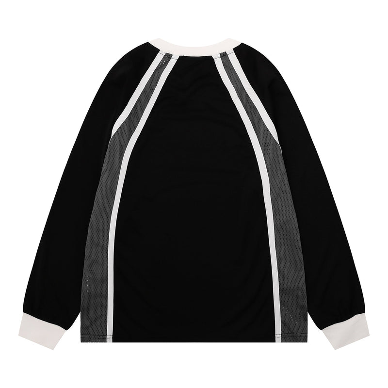 Back view of black long sleeve football top with gray mesh side panels and white collar