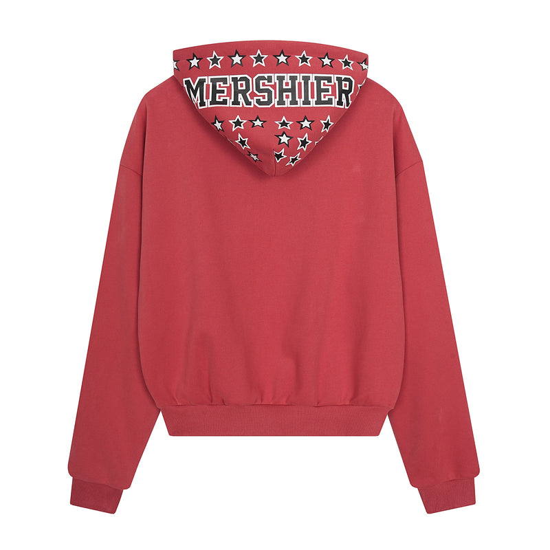 Red zip hoodie back view with star-print hood and ribbed cuffs and hem