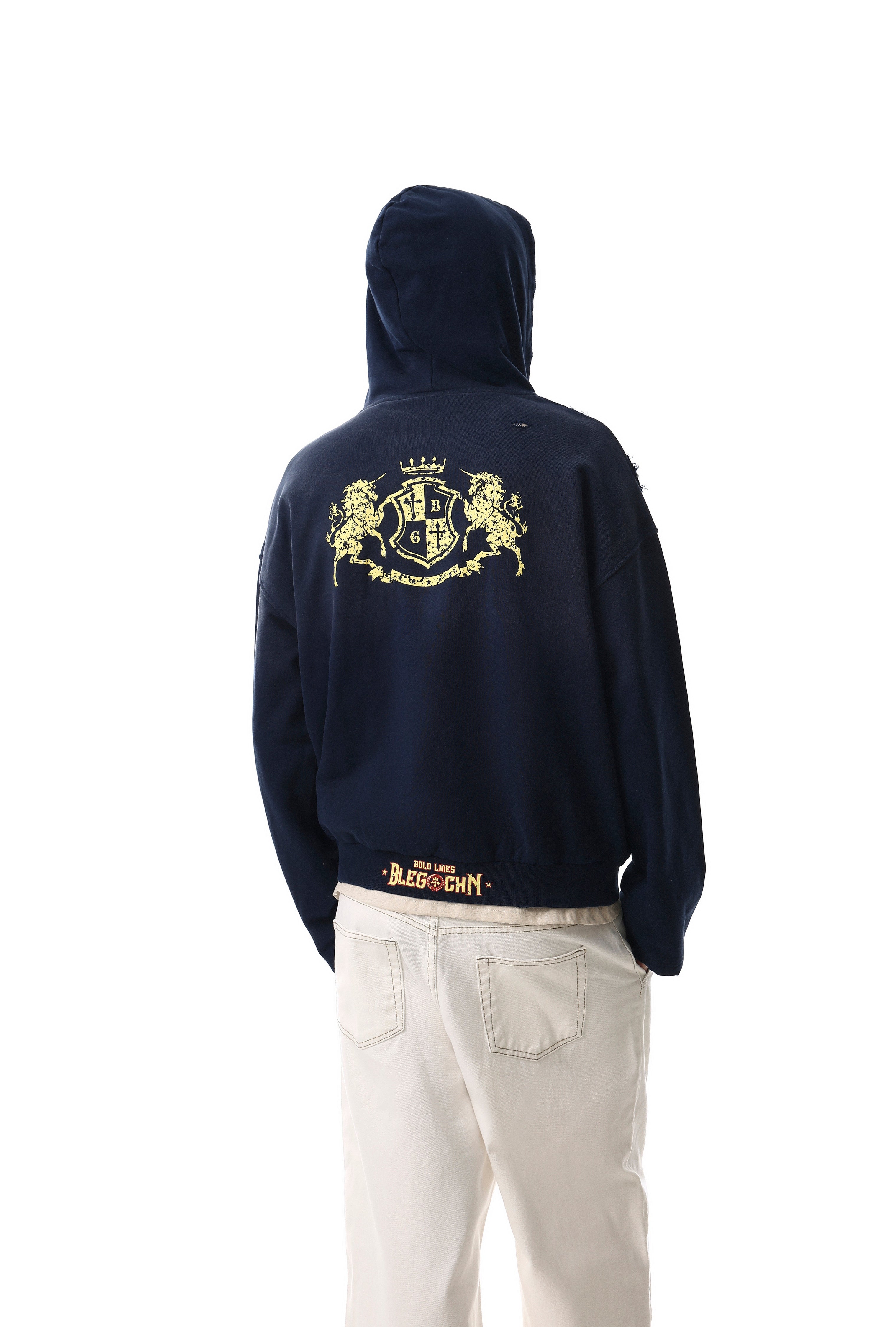 Distressed Crest Zip-Up Hoodie | Navy Gold Graphic Streetwear