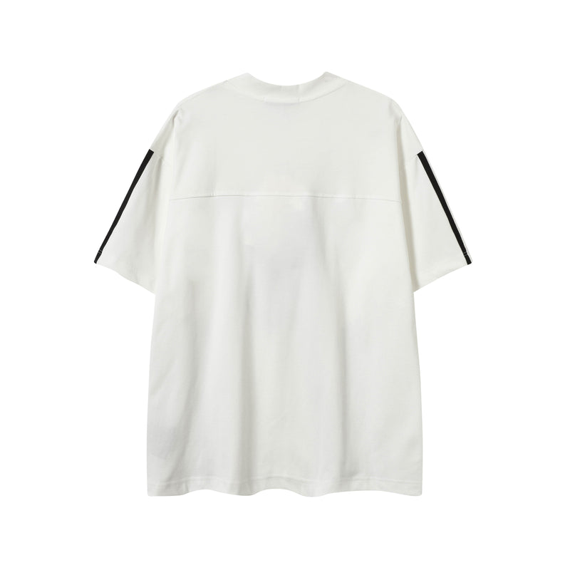 White oversized V-neck street tee with black side stripe accents and relaxed sporty silhouette