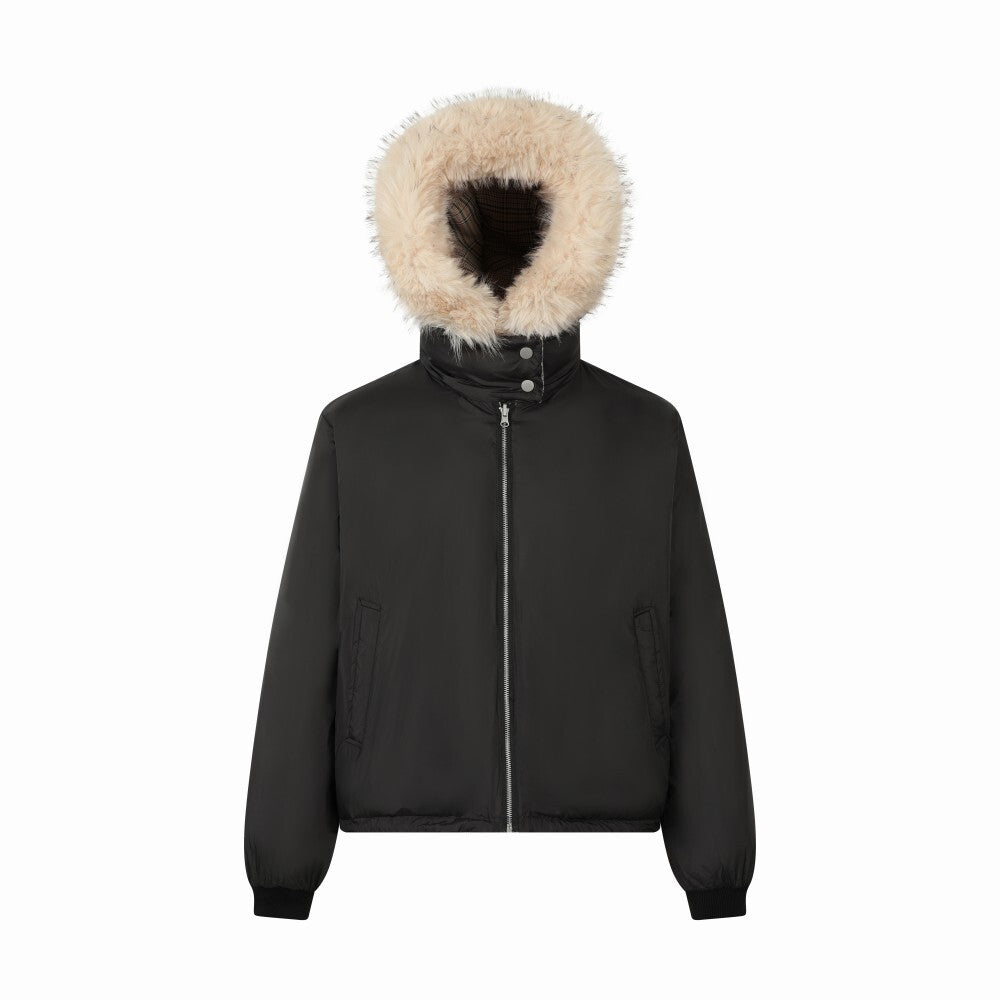 Reversible Plaid Faux Fur Hooded Puffer Jacket | SEAKOFF