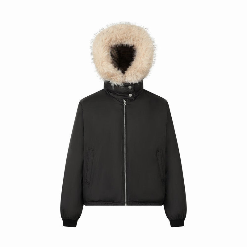 Reversible Plaid Faux Fur Hooded Puffer Jacket | SEAKOFF