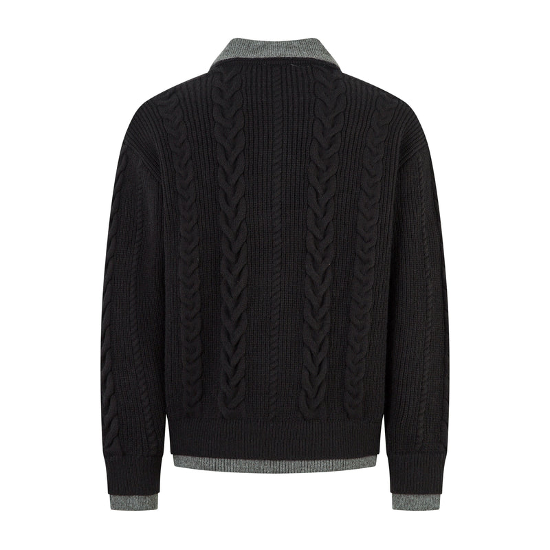Black cable knit polo sweater with gray contrast collar, back view