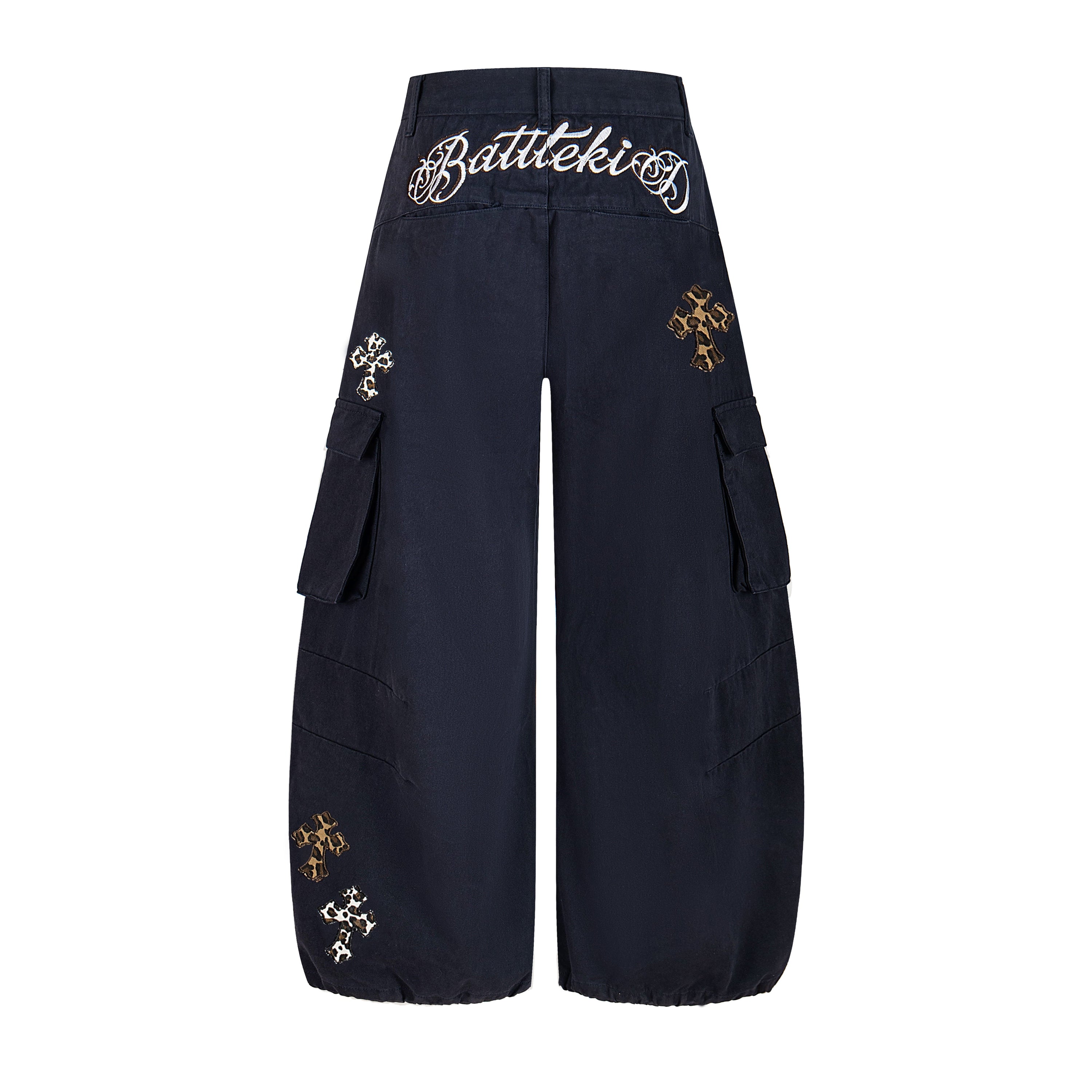 Leopard Cross Embroidered Wide-Leg Cargo Pants | Streetwear