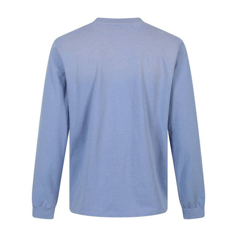 Back view of a light blue long-sleeve T-shirt with a plain solid finish