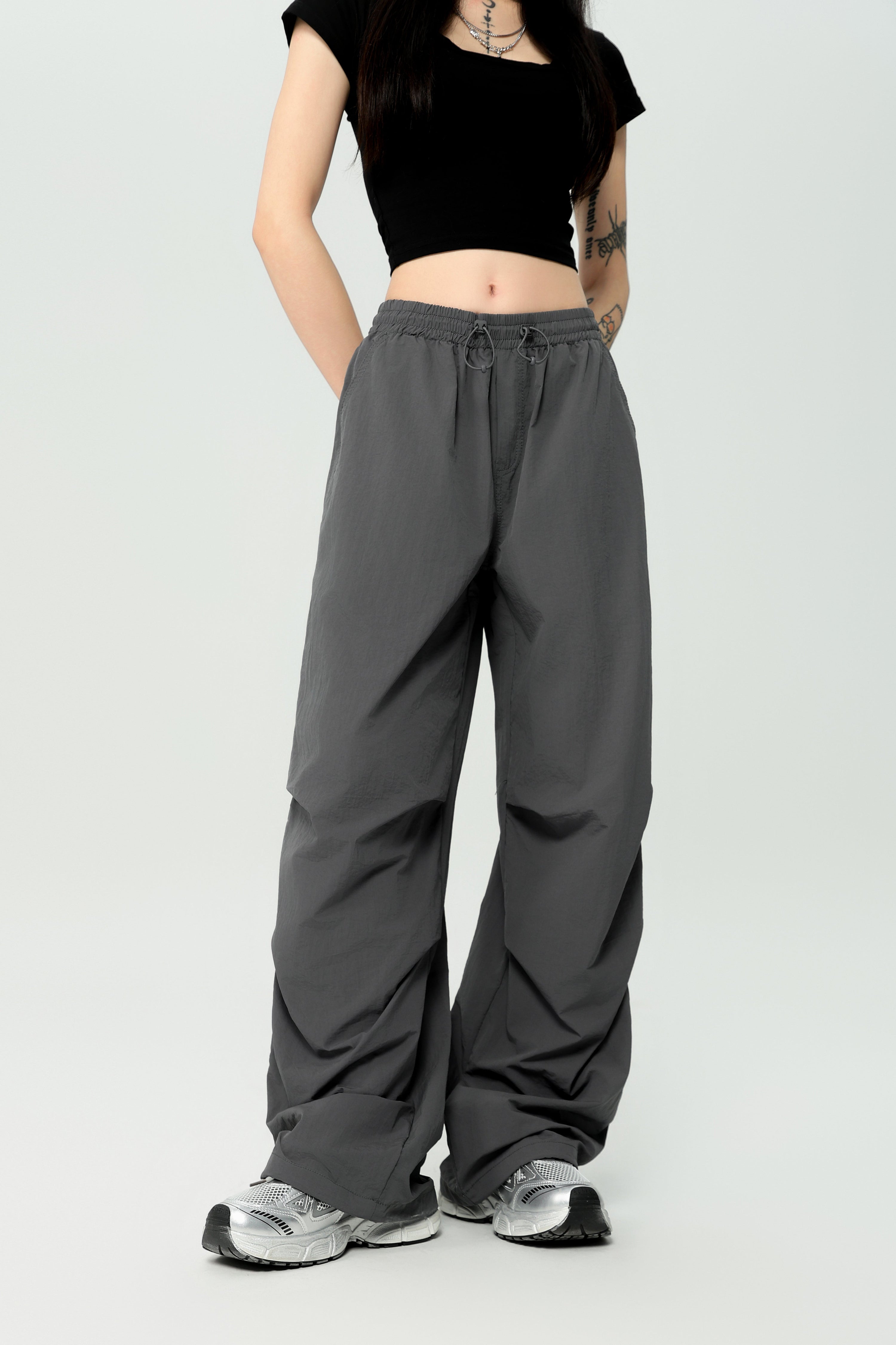 Lightweight Nylon Drawstring Parachute Pants | Wide Leg