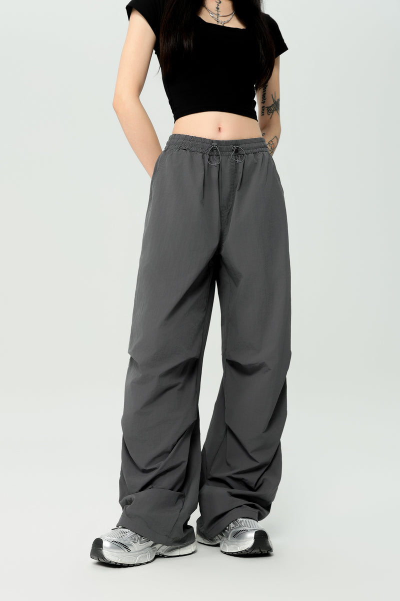 Lightweight Nylon Drawstring Parachute Pants | Wide Leg