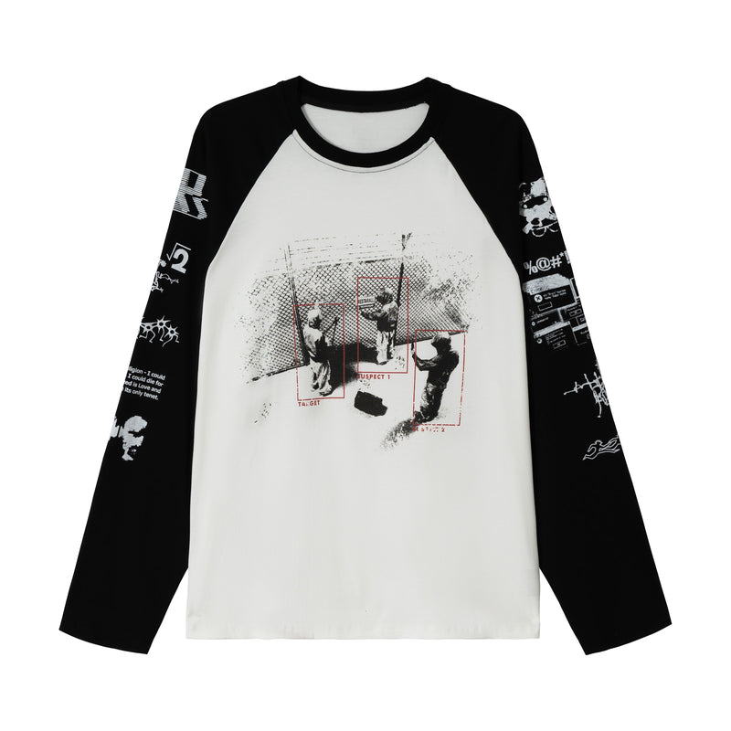 White raglan long-sleeve T-shirt with black sleeves and graphic front print