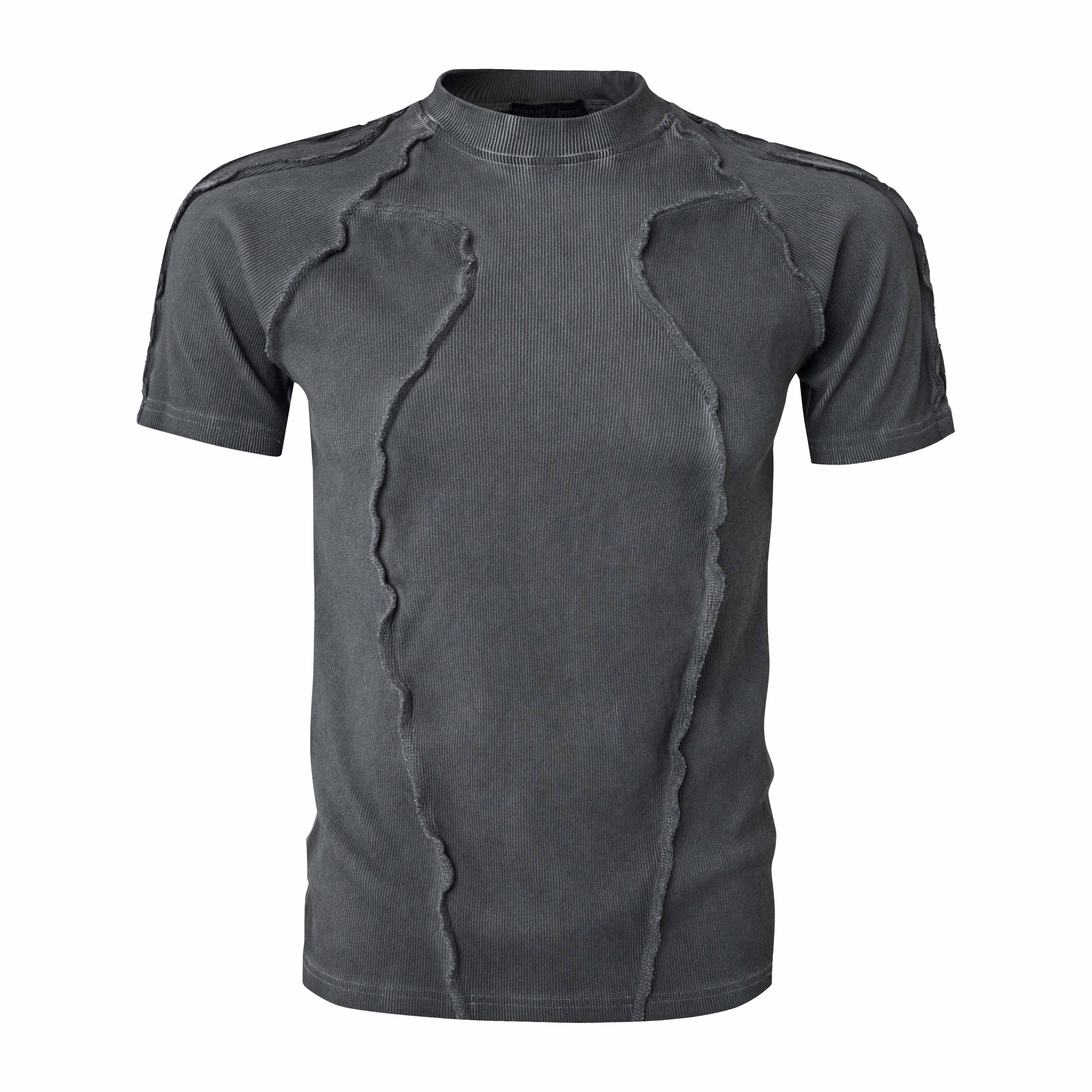Washed charcoal grey raw seam compression t-shirt with exposed paneled seams and slim fit, front view
