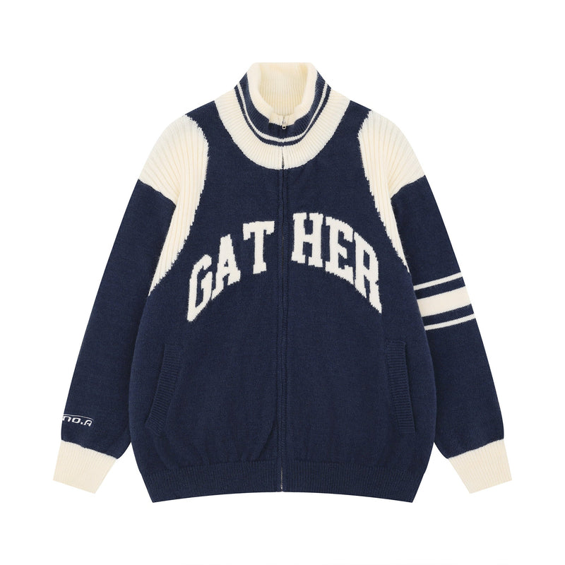 Navy and cream varsity knit zip jacket with arched GATHER lettering, front view