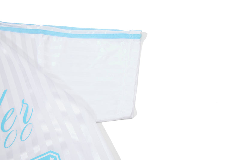 White mesh football jersey with light blue trim and script graphic on the sleeve, retro streetwear style