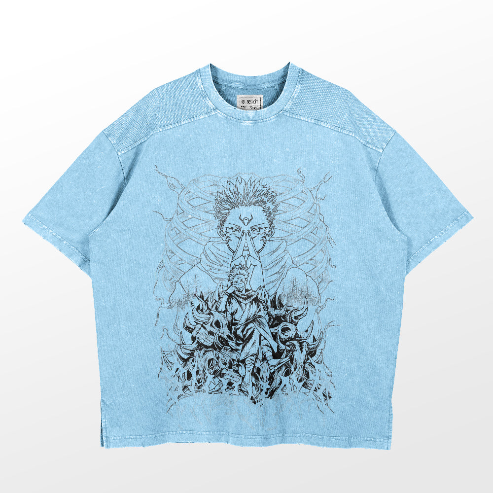 The Jujutsu Kaisen Sukuna Washed Vintage T-Shirt is crafted from 260 GSM premium cotton and showcases a fantasy-style character design with a detailed black line drawing of swirling mystical shapes reminiscent of Sukuna, perfect for anime streetwear enthusiasts.