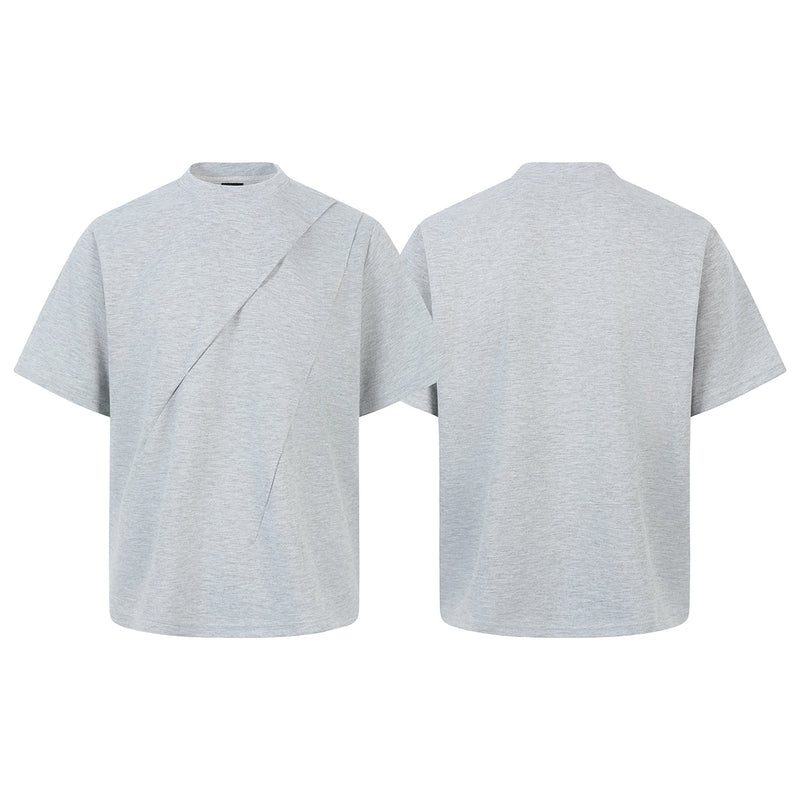 Light gray oversized tee with asymmetric front seam and short sleeves, shown front and back on a plain background