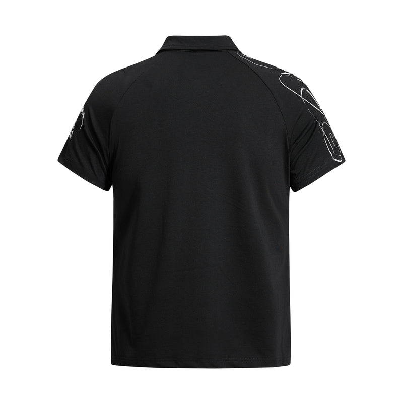 Black short sleeve polo shirt with distressed white graphic print on the shoulders and back, shown from the rear