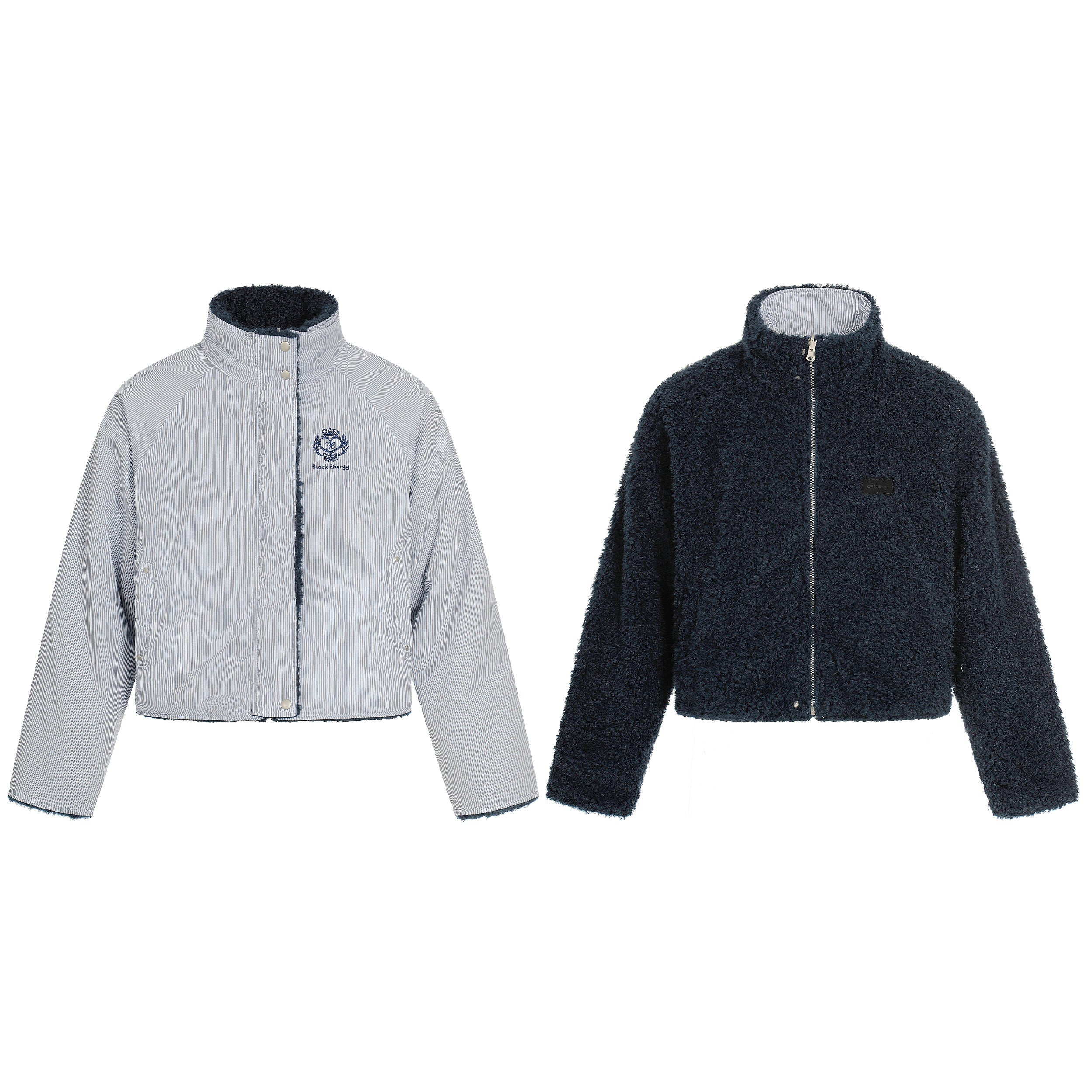 Reversible cropped jacket shown in both stripe corduroy and navy sherpa sides on white background