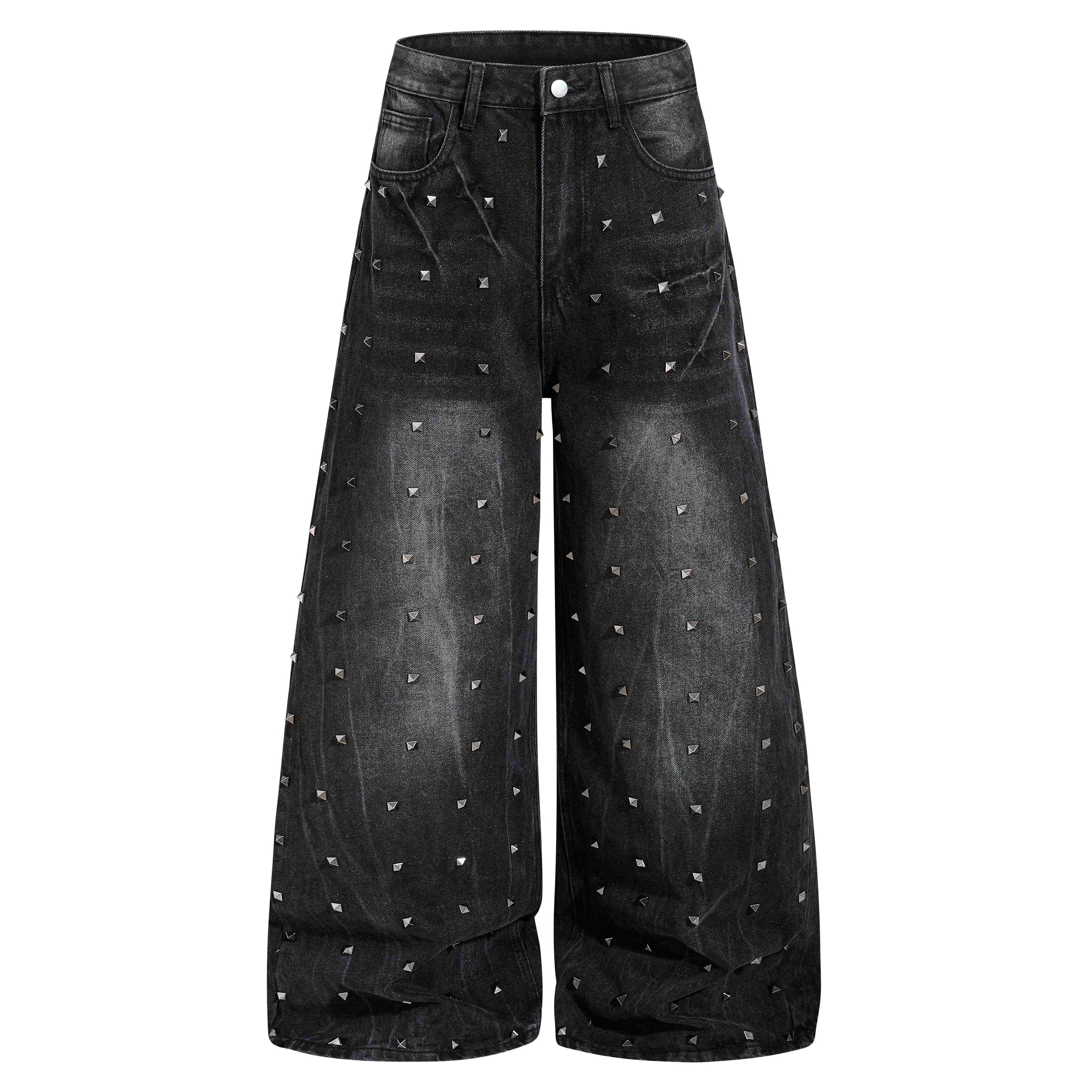 Studded Wide-Leg Denim Jeans | Vintage Black Streetwear