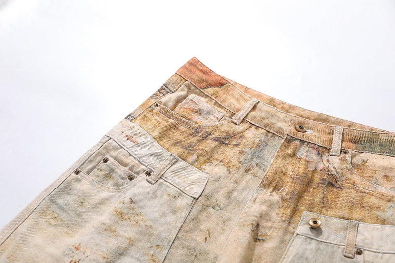 Close-up of front waistband and left pocket area on vintage washed wide-leg jeans