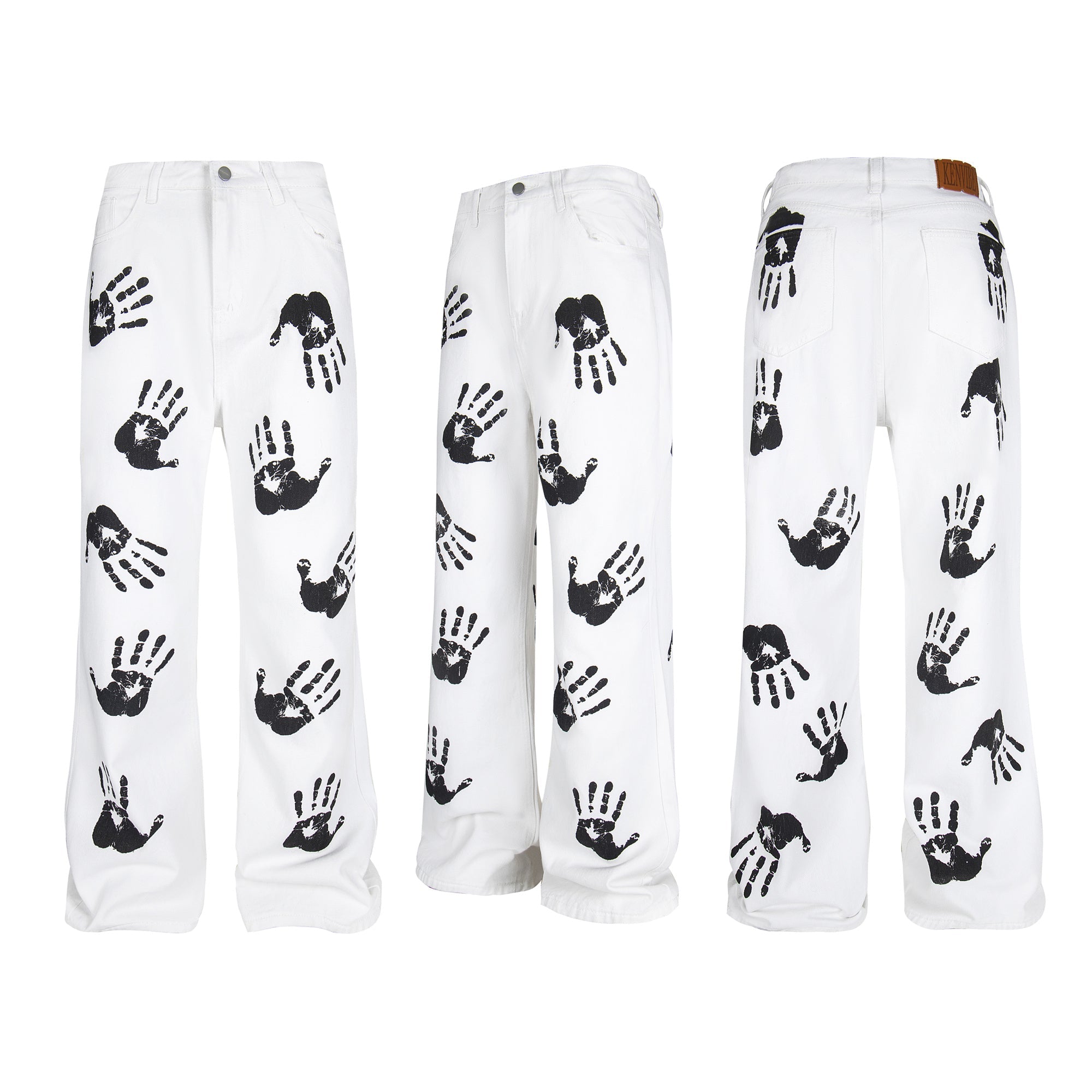 Omirad Handprint White Denim Pants | Wide-Leg Street Style