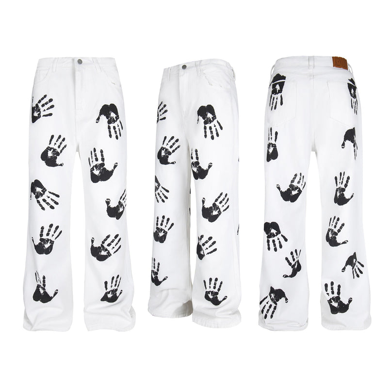 Omirad Handprint White Denim Pants | Wide-Leg Street Style