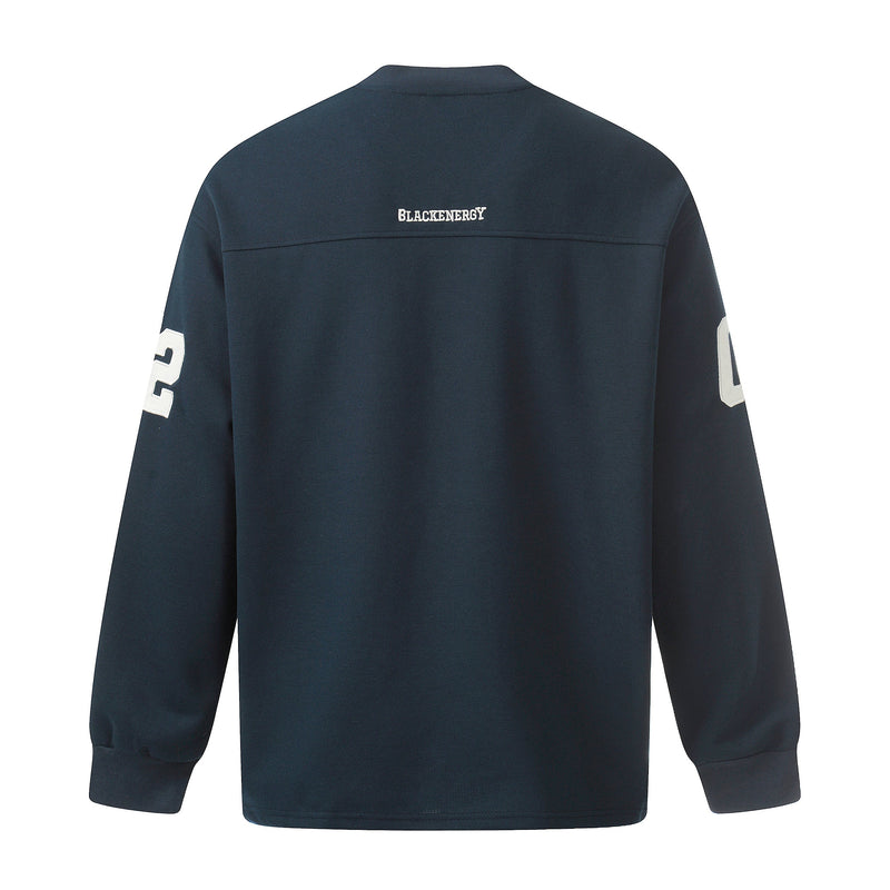 Back view of navy long sleeve tee with small white Blackenergy logo at the upper back