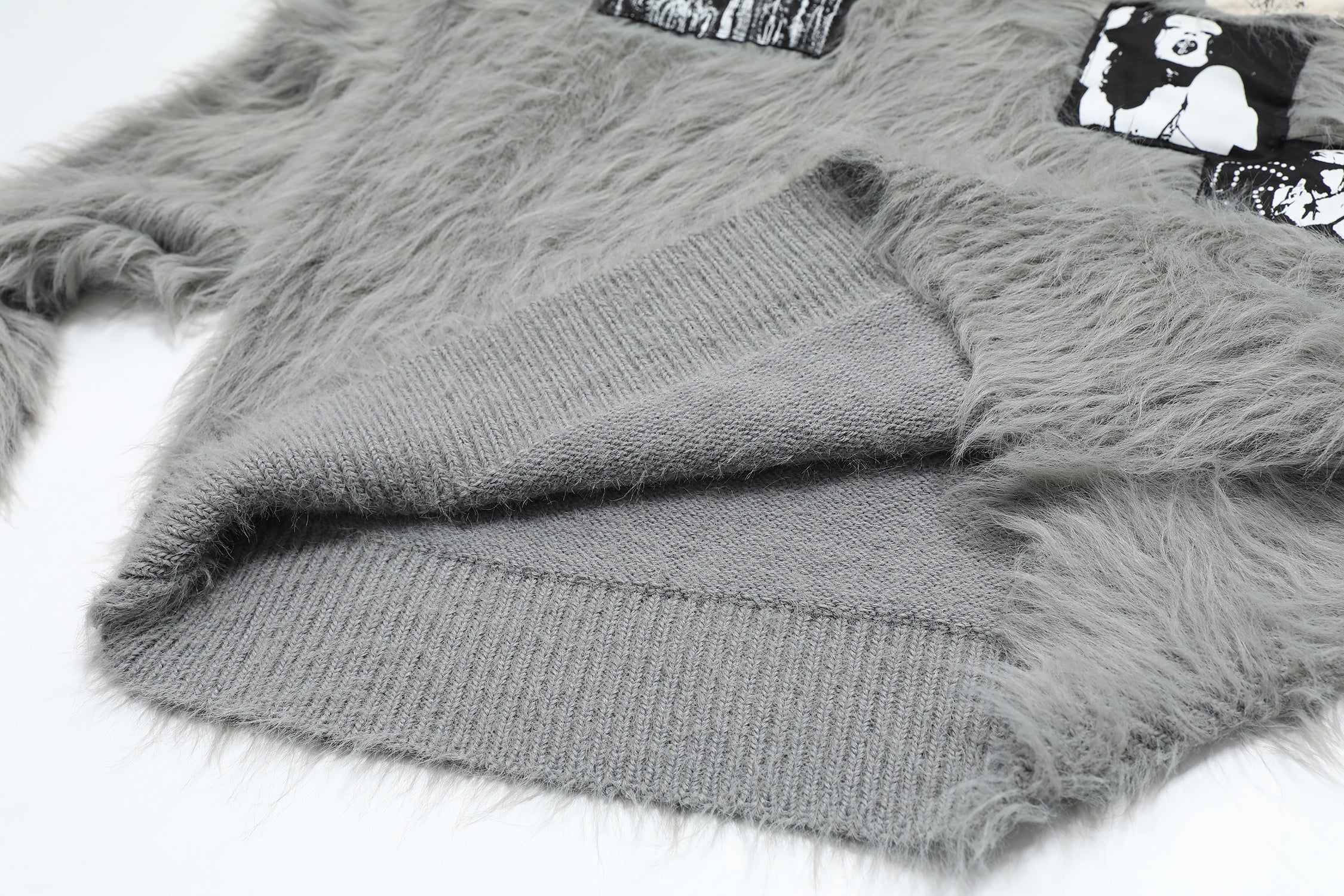 Omirad Fuzzy Patch Knit Hoodie Sweater | Shaggy Grunge Pullover