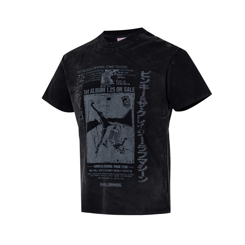 Black washed punk streetwear tee with faded vintage graphic print and bold Japanese text on the front