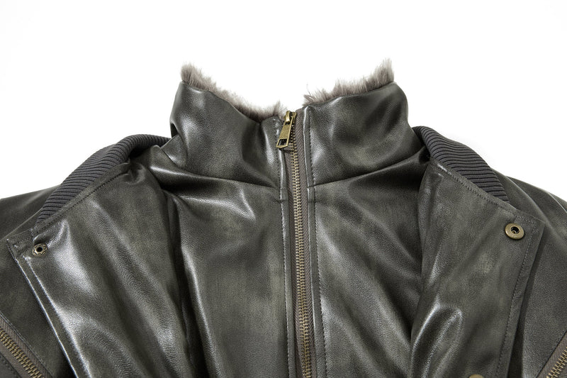 Omirad Faux Leather Bomber Jacket with Faux Fur Collar