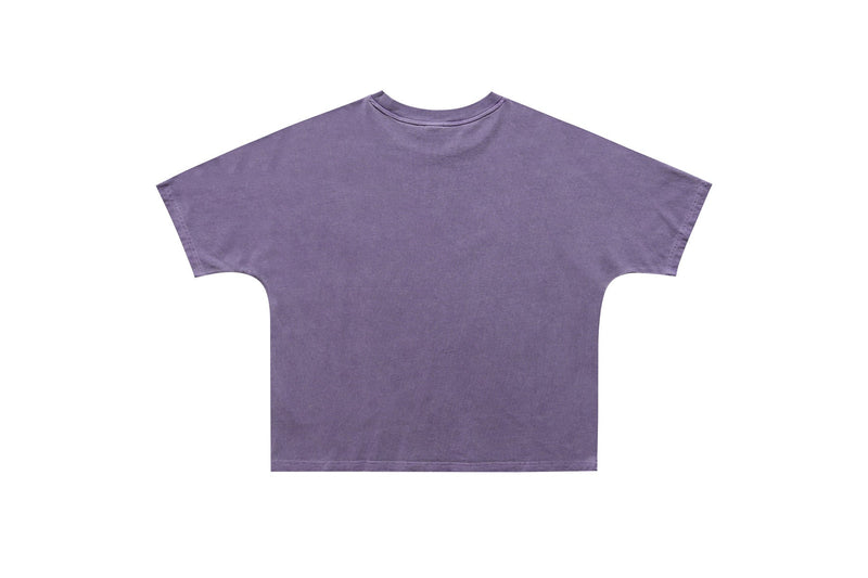 Purple vintage washed oversized T-shirt with a plain back and relaxed short sleeves on a white background