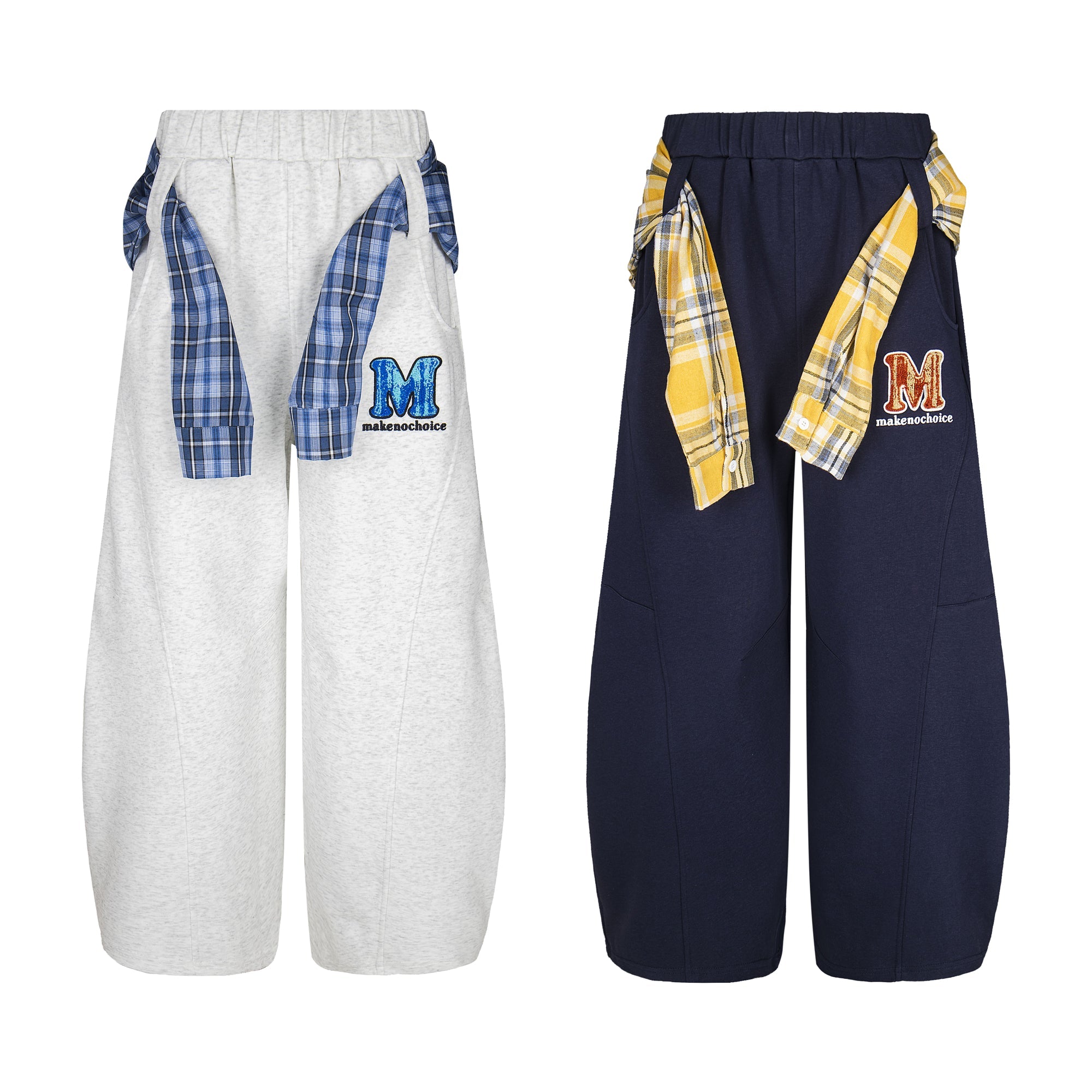 Heather grey and navy wide-leg sweatpants with plaid shirt-tie waistband and chenille M patch, front view