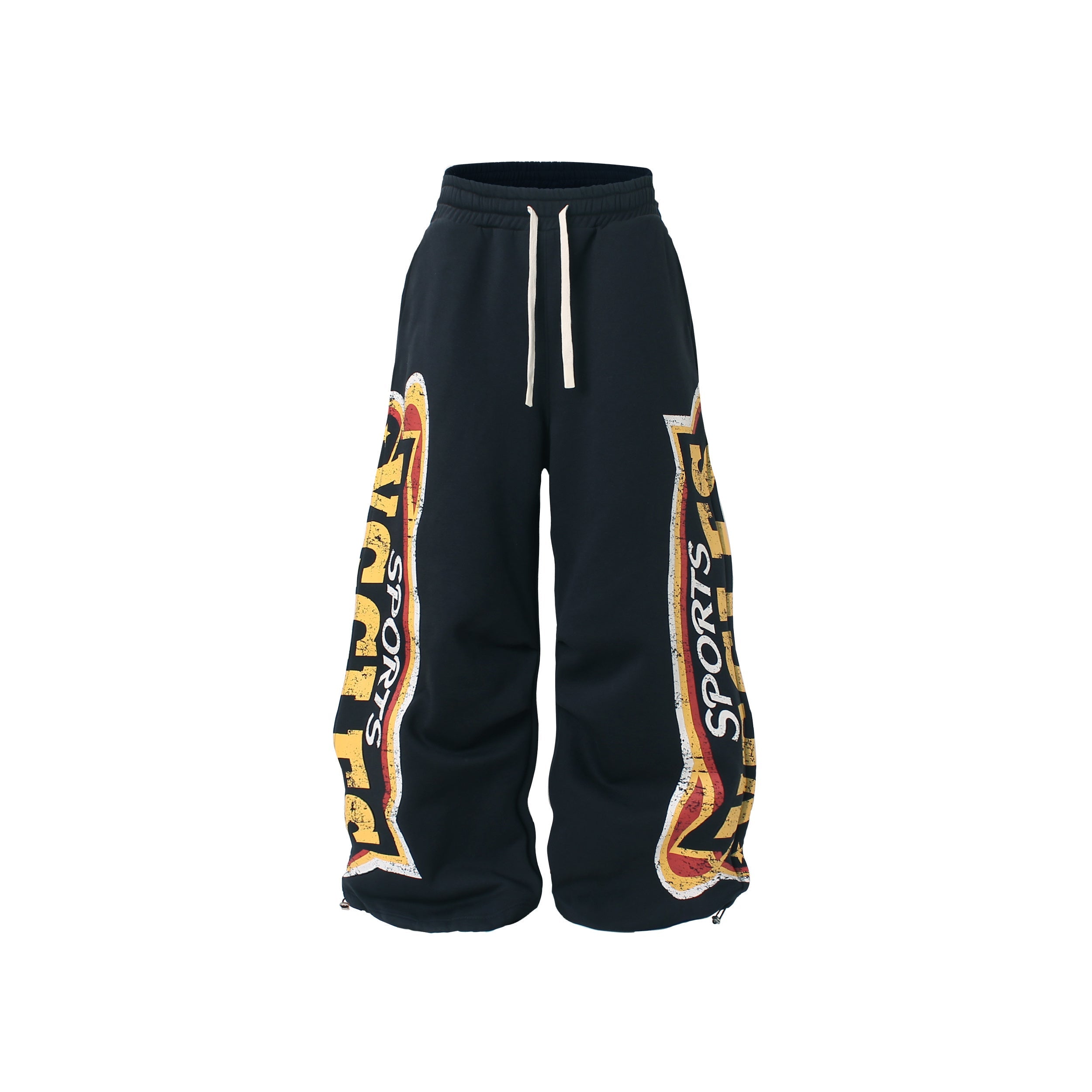 Black wide-leg fleece sweatpants with distressed yellow and red sports letter graphic print on each leg, front view