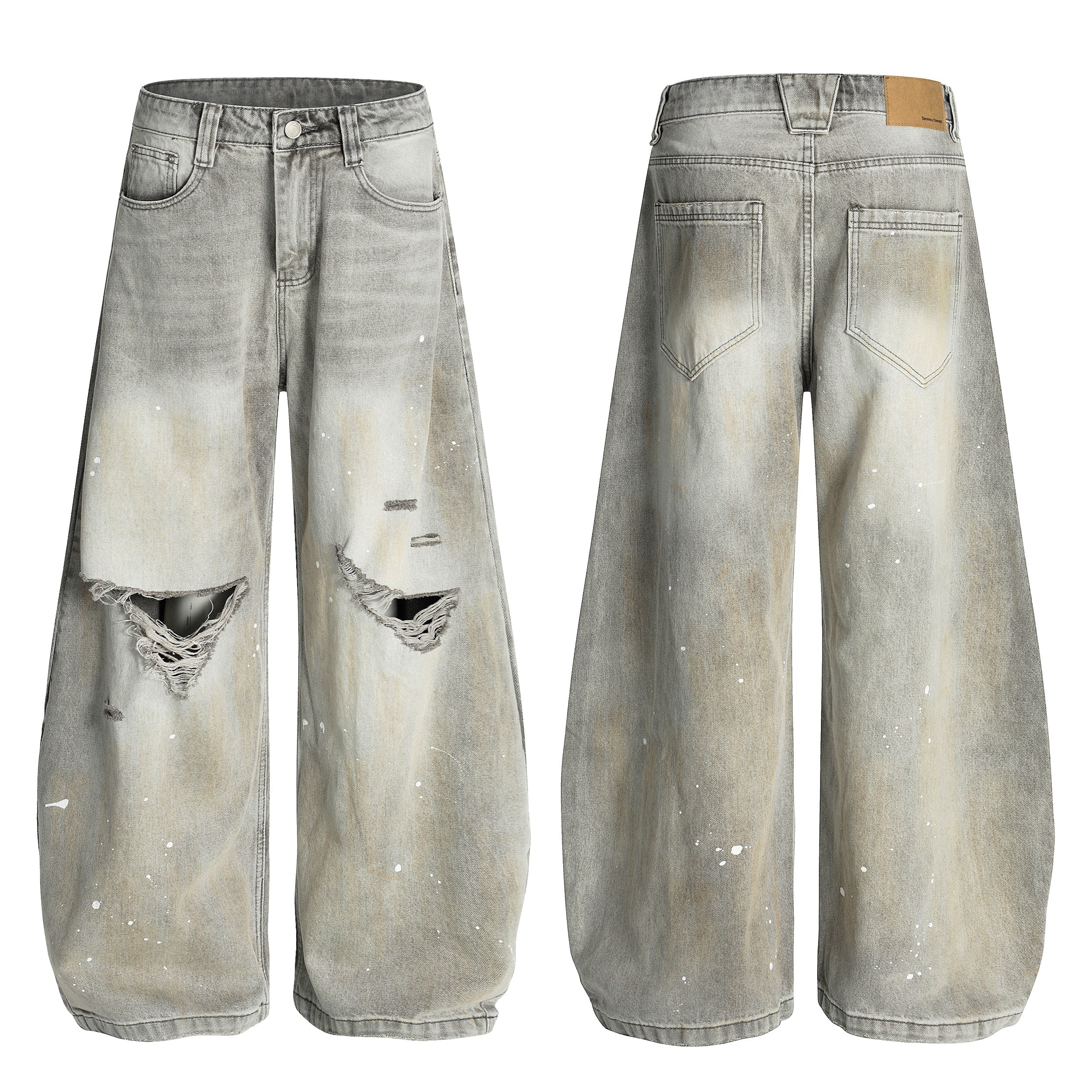 Front and back view of grey wide-leg distressed jeans with paint splatters, knee rips, and sun-faded wash