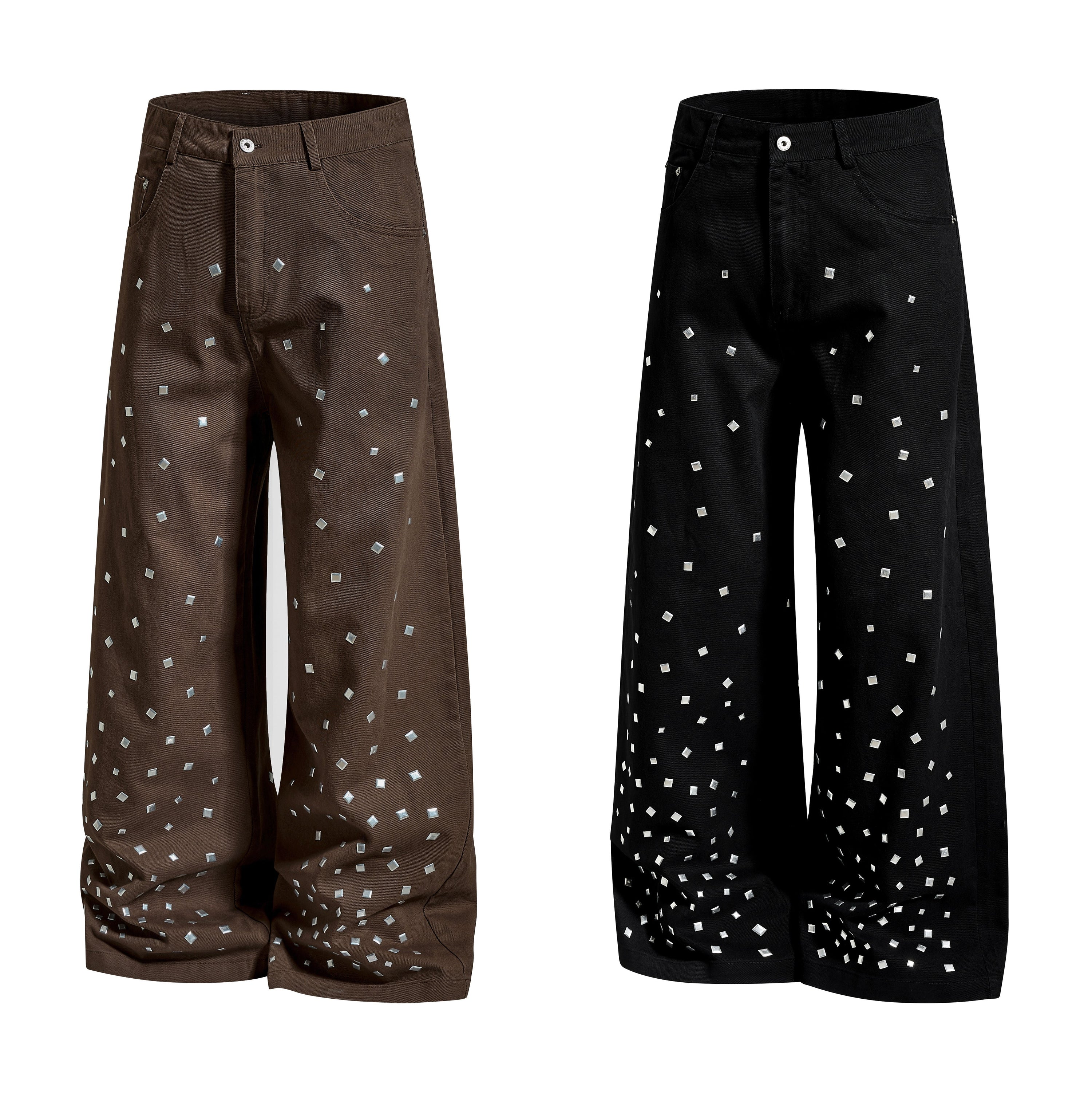 Omirad Silver Stud Wide-Leg Pants | Brown & Black Denim