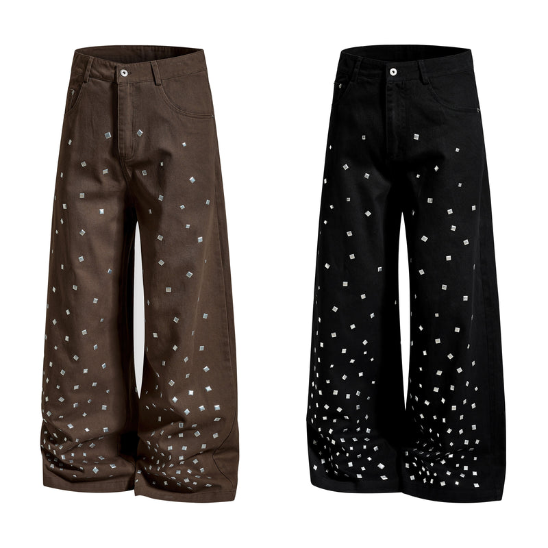 Brown and black wide-leg denim pants shown side by side, angled front view