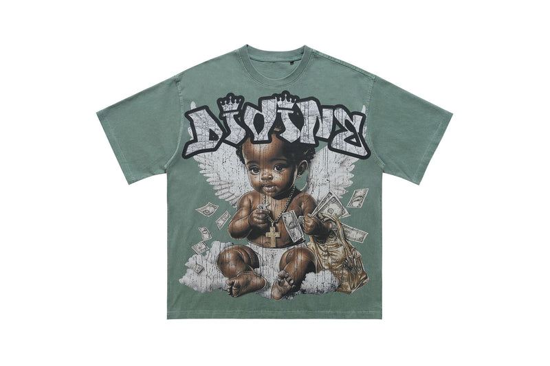 Vintage wash green graphic T-shirt with angel baby print, bold lettering, and money details on the front