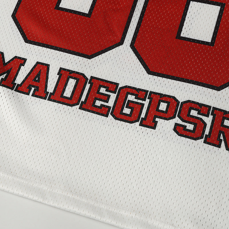 White mesh football jersey with red and black varsity lettering and a bold number 08 graphic