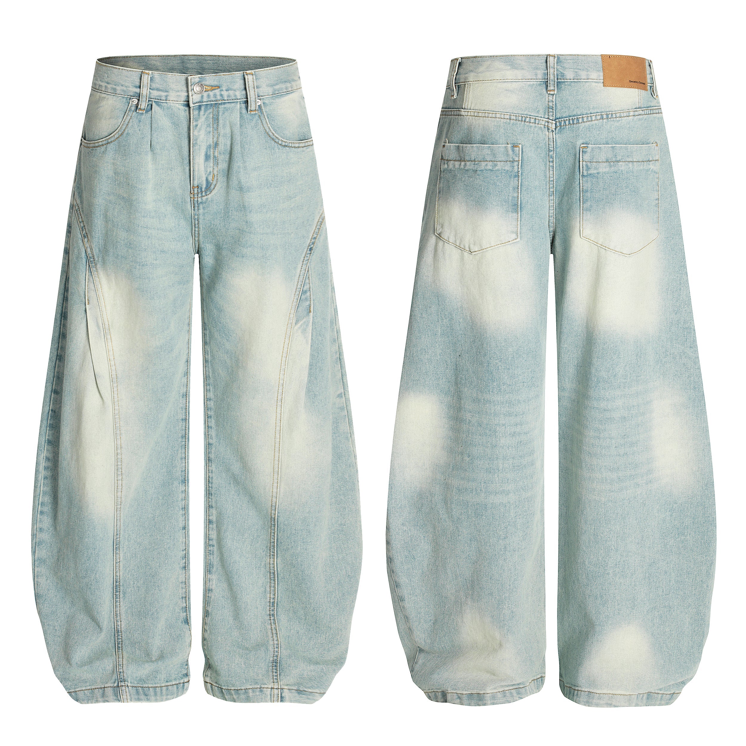 Front and back view of light-wash cloud-fade balloon wide-leg jeans with curved panel seams and bleached fading