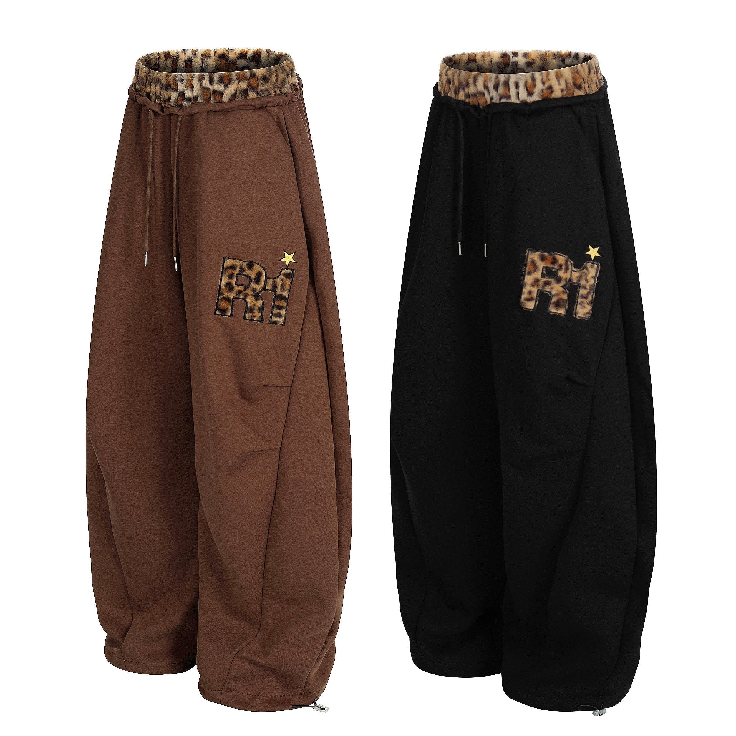 Omirad Leopard Trim Balloon Sweatpants with Chenille Patch